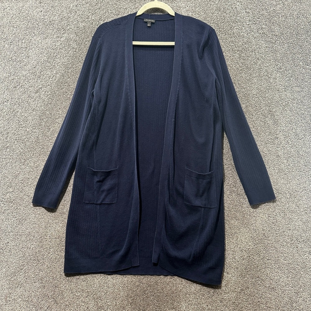 Talbots Cardigan Sweater Women Medium Blue Knit Ribbed‎ Open Front Pima Cotton